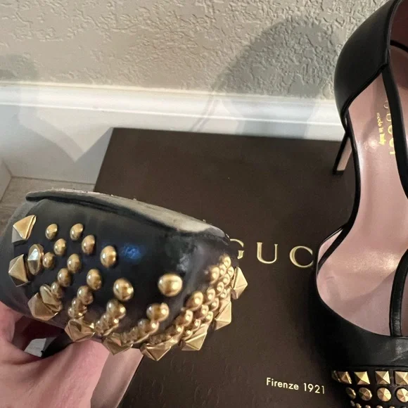 Gucci Malaga Kid Nero Black and Gold Studded T-Strap Heels - Picture 12 of 16